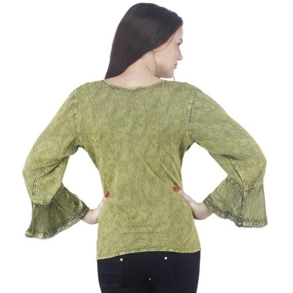 LIME GREEN VICTORIAN FLOUNCING TRUMPET STYLE TUNIC TOP - Picture 3 of 5